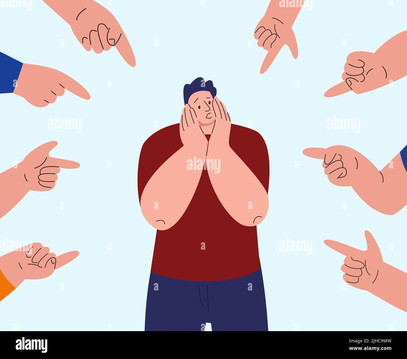 Confused frightened young man or teenager. People hating, point fingers at person. Bullying and terror, scared stress vector character Stock Vector