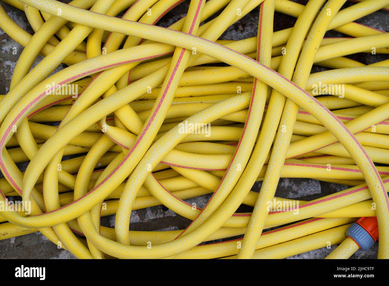 Yellow plastic hose pipe in the garden. High quality photo Stock Photo