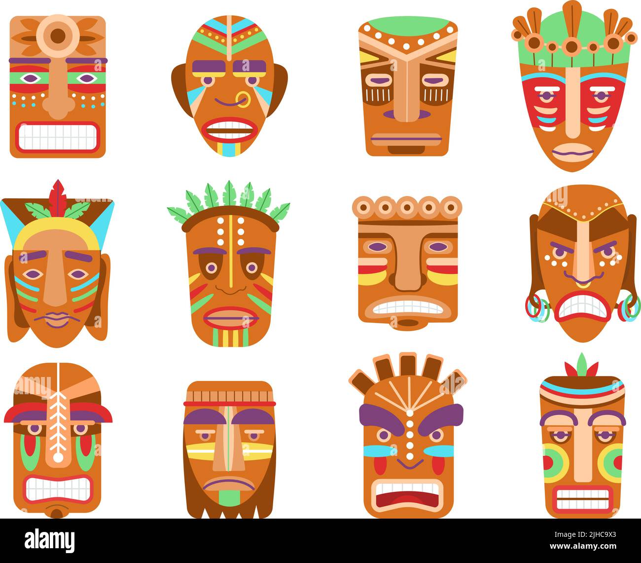 African tiki mask. Ethnic masks, totem hawaii or maya tribes. Wooden warrior gods faces, ornamental tribal aztec idols. Scary decorations decent Stock Vector