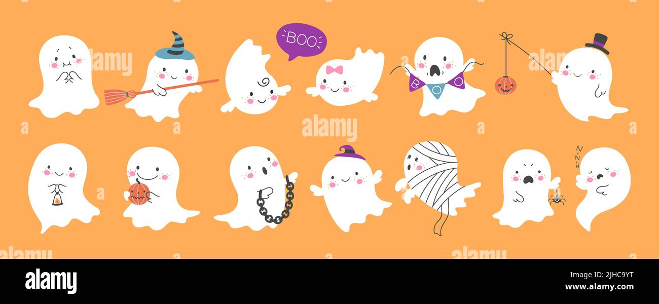 Cute ghost. Happy halloween ghosts characters, spooky expression creature. Funny scary magic demon with pumpkin, mystery creative nowaday vector Stock Vector