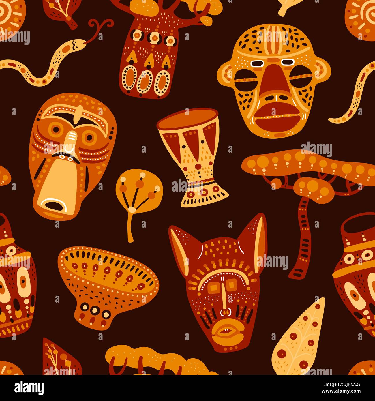 African masks seamless pattern. Ritual decorative elements. Ancient