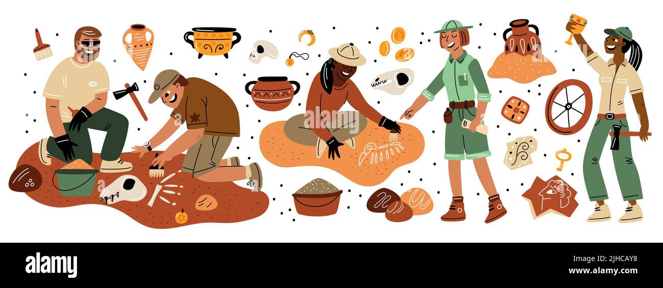 Cartoon archeology. Paleontologists and archaeologists at work. Science expedition. Historians at excavations. People digging artifacts and dino bones Stock Vector