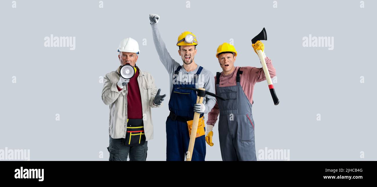 Protesting miner men on grey background Stock Photo