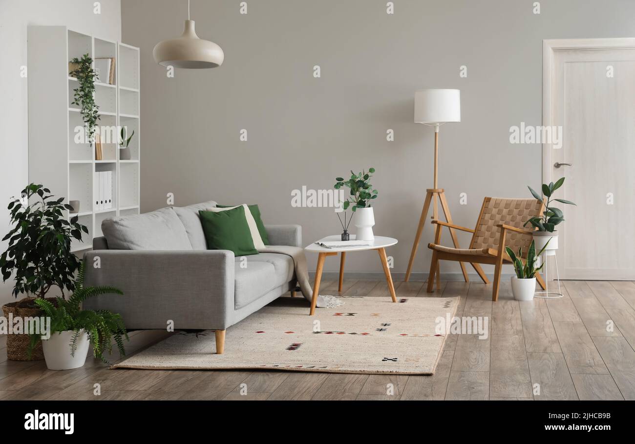Interior of light living room with grey sofa, table and armchair Stock ...