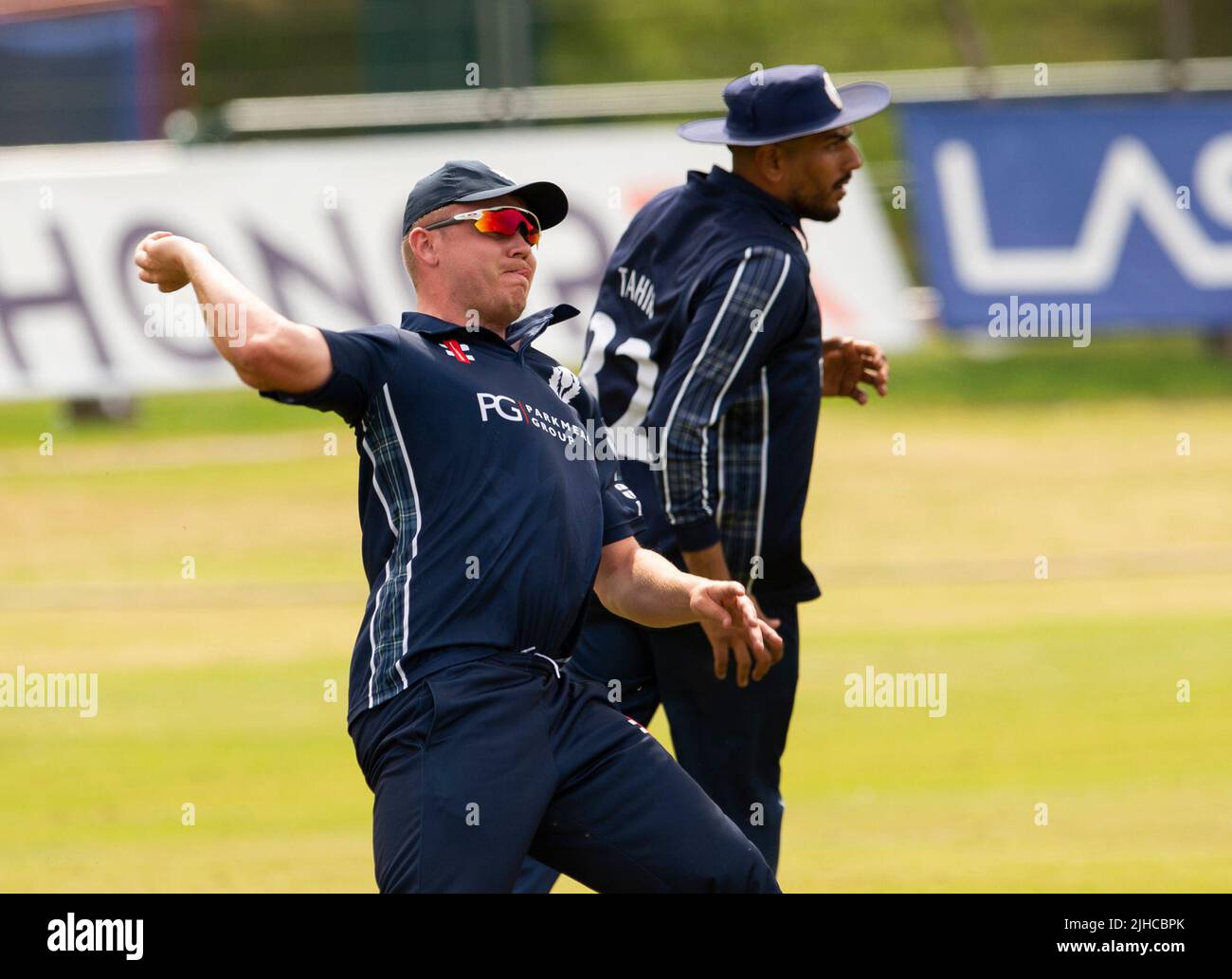 ICC Men's Cricket World Cup League 2 - Scotland v, Nepal. 17th July, 2022. Scotland take on Nepal for the second time in the ICC Div 2 Men's Cricket World Cup League 2 at Titwood, Glasgow. Pic shows: Great fielding by Scotland's Chris McBride. Credit: Ian Jacobs/Alamy Live News Stock Photo