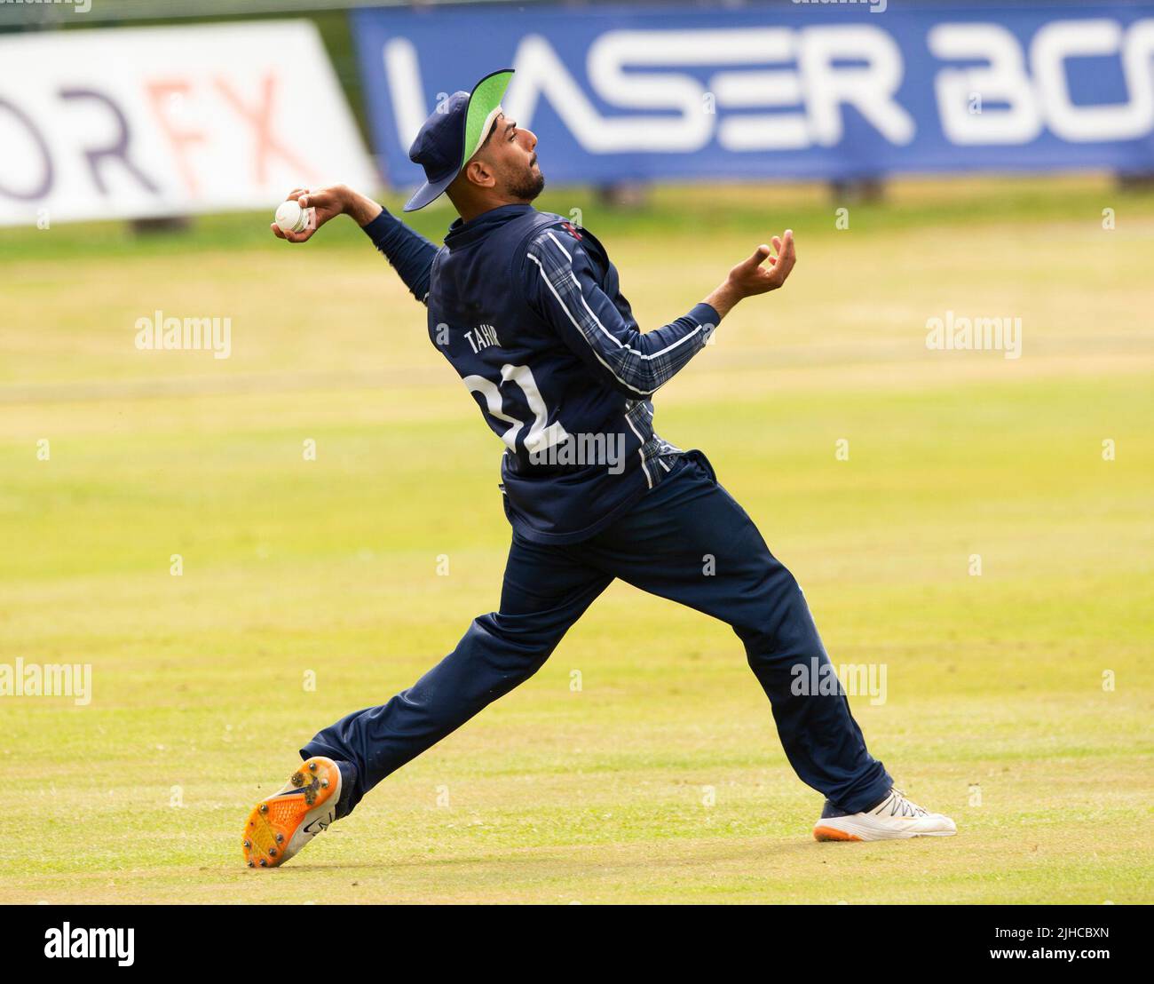 ICC Men's Cricket World Cup League 2 - Scotland v, Nepal. 17th July, 2022. Scotland take on Nepal for the second time in the ICC Div 2 Men's Cricket World Cup League 2 at Titwood, Glasgow. Pic shows: Scotland's Hamza Tahir fields. Credit: Ian Jacobs/Alamy Live News Stock Photo