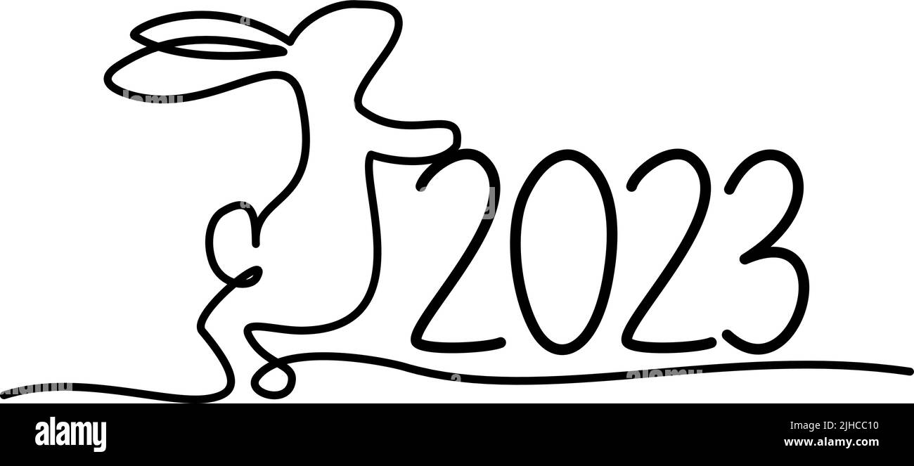 Bunny symbol of 2023 year. Continuous one line drawing. Fluffy rabbit silhouette simple linear style for design greeting card New year and web banner. Stock Vector