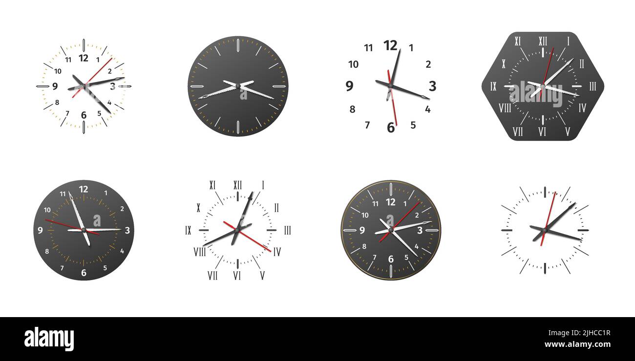 Clock faces. Realistic black or white watch dials with arrows and numbers. Time measurement. Mechanical timepiece shapes. Round accurate chronographs Stock Vector