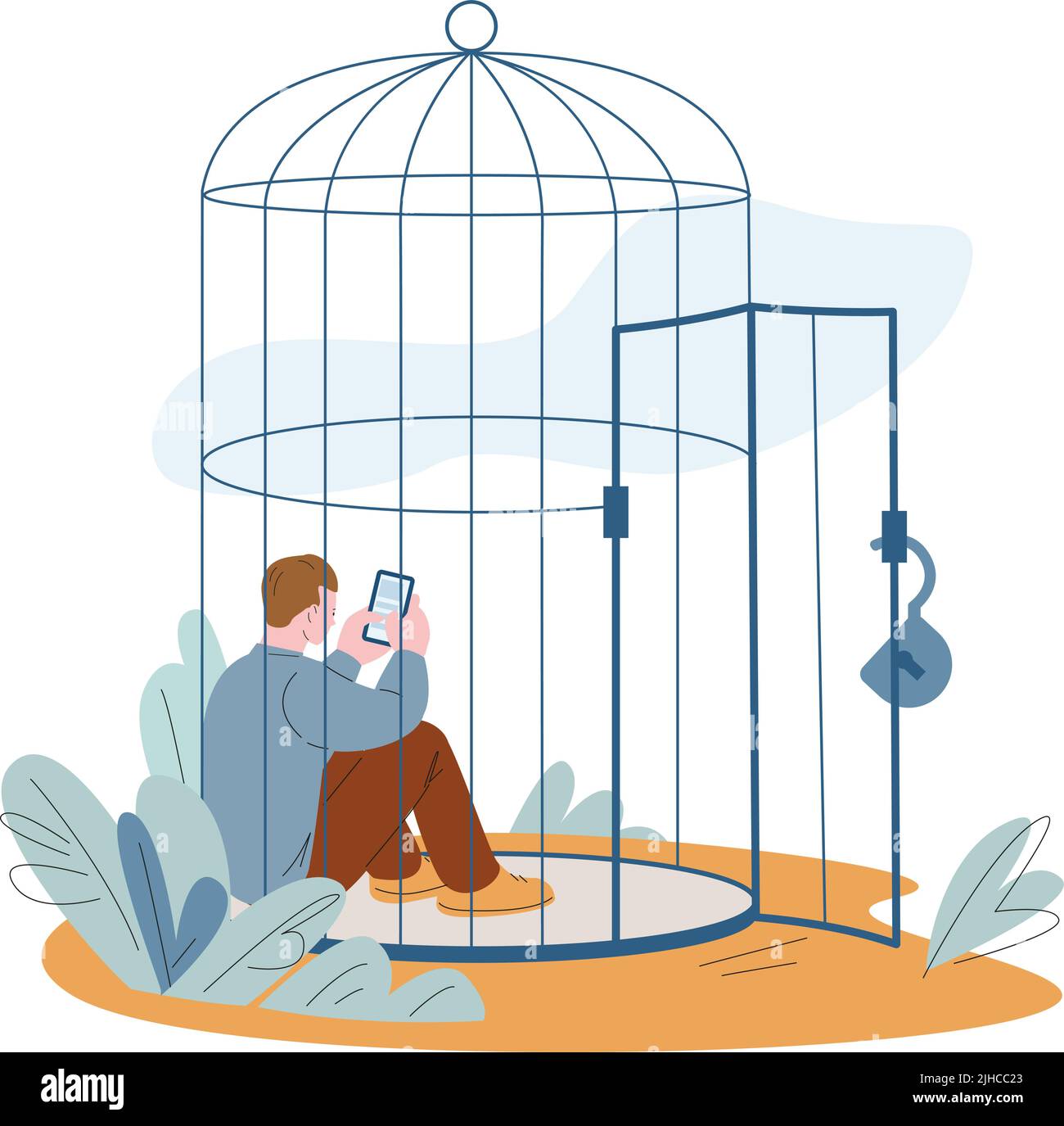 Mental inner prisoner. Oppressed person limit life, seclusion in cage and personal border. Mental health, smartphone and digital addiction kicky Stock Vector