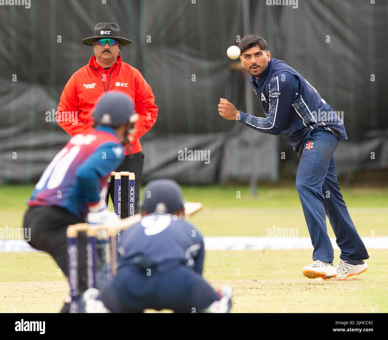 ICC Men's Cricket World Cup League 2 - Scotland v, Nepal. 17th July, 2022. Scotland take on Nepal for the second time in the ICC Div 2 Men's Cricket World Cup League 2 at Titwood, Glasgow. Pic shows: Scotland's Hamza Tahir bowls. Credit: Ian Jacobs/Alamy Live News Stock Photo