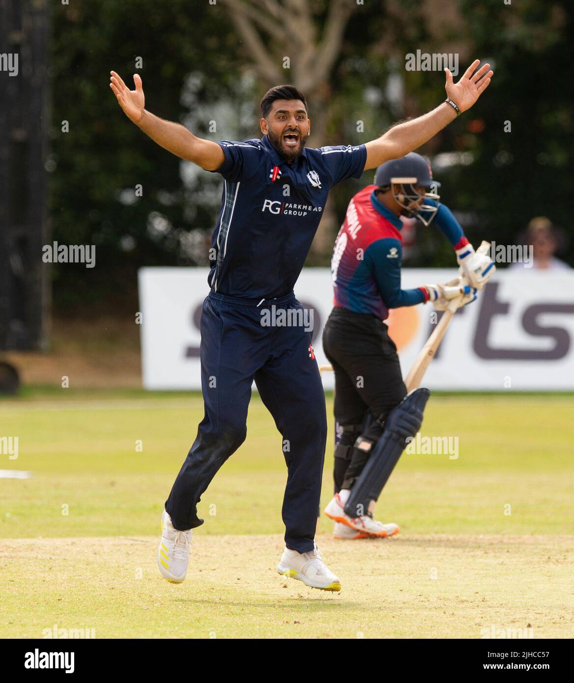 ICC Men's Cricket World Cup League 2 - Scotland v, Nepal. 17th July, 2022. Scotland take on Nepal for the second time in the ICC Div 2 Men's Cricket World Cup League 2 at Titwood, Glasgow. Pic shows: Huge appeal by Scotland's Safyaan Sharif. Credit: Ian Jacobs/Alamy Live News Stock Photo