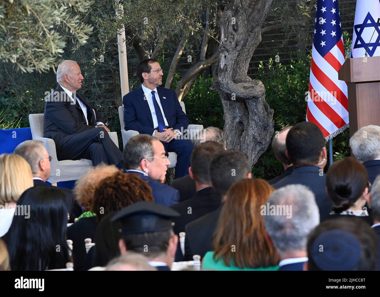 Jerusalem, Israel. 14 July, 2022. U.S President Joe Biden, and Israeli President Isaac Herzog, right, before the start of a joint press conference at the Presidential residence, July 14, 2022 in Jerusalem, Israel. Stock Photo