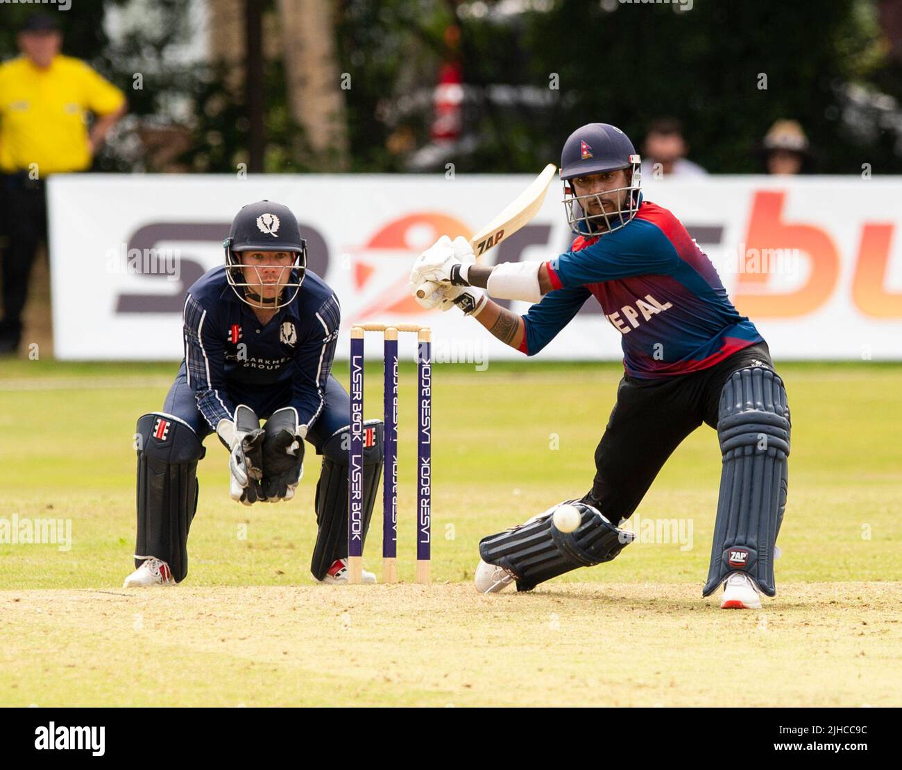 ICC Men's Cricket World Cup League 2 - Scotland v, Nepal. 17th July, 2022. Scotland take on Nepal for the second time in the ICC Div 2 Men's Cricket World Cup League 2 at Titwood, Glasgow. Pic shows: 4 runs for Nepal captain, Sandeep Lamichhane. Credit: Ian Jacobs/Alamy Live News Stock Photo