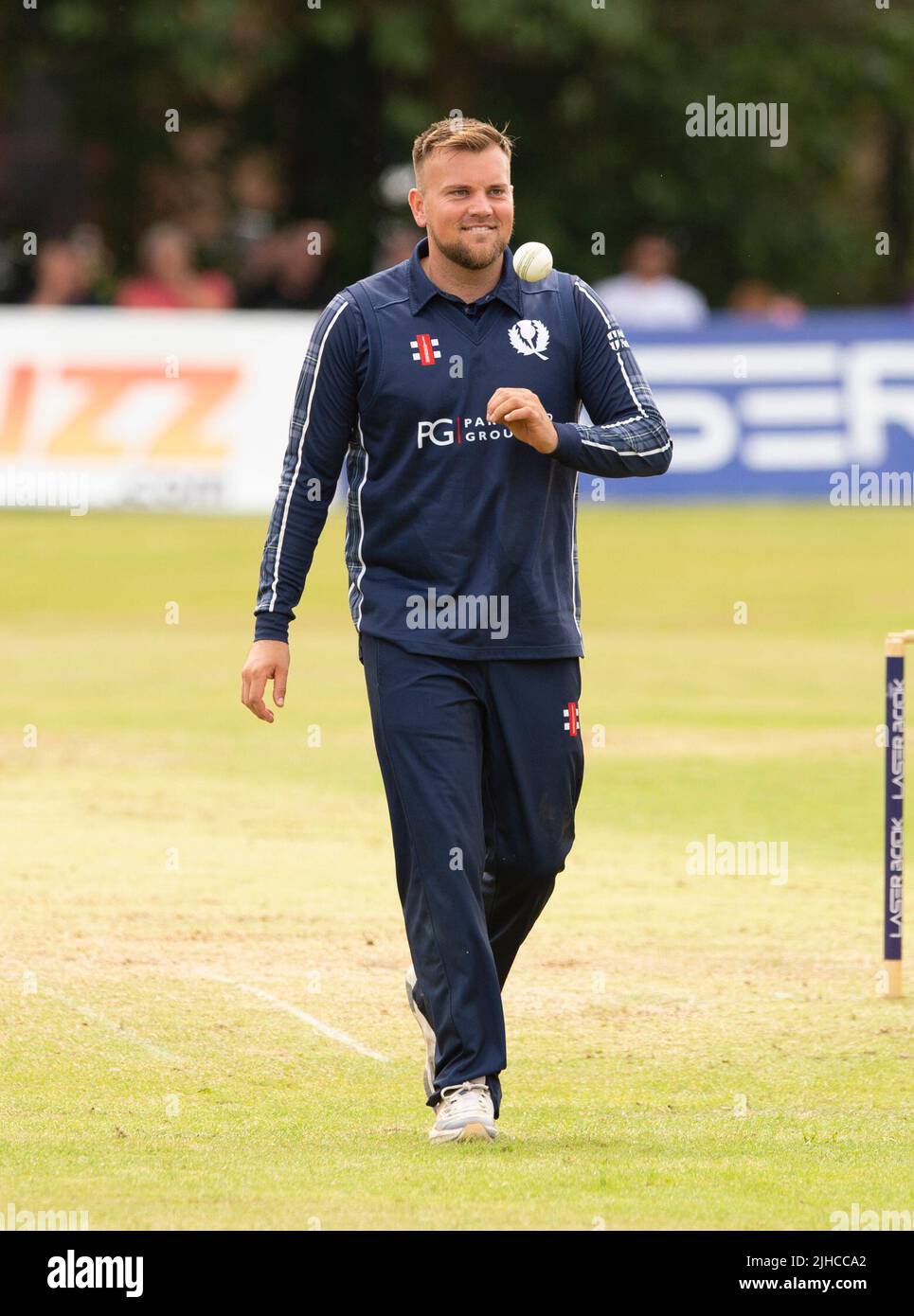 ICC Men's Cricket World Cup League 2 - Scotland v, Nepal. 17th July, 2022. Scotland take on Nepal for the second time in the ICC Div 2 Men's Cricket World Cup League 2 at Titwood, Glasgow. Pic shows: Scotland's Mark Watt. Credit: Ian Jacobs/Alamy Live News Stock Photo