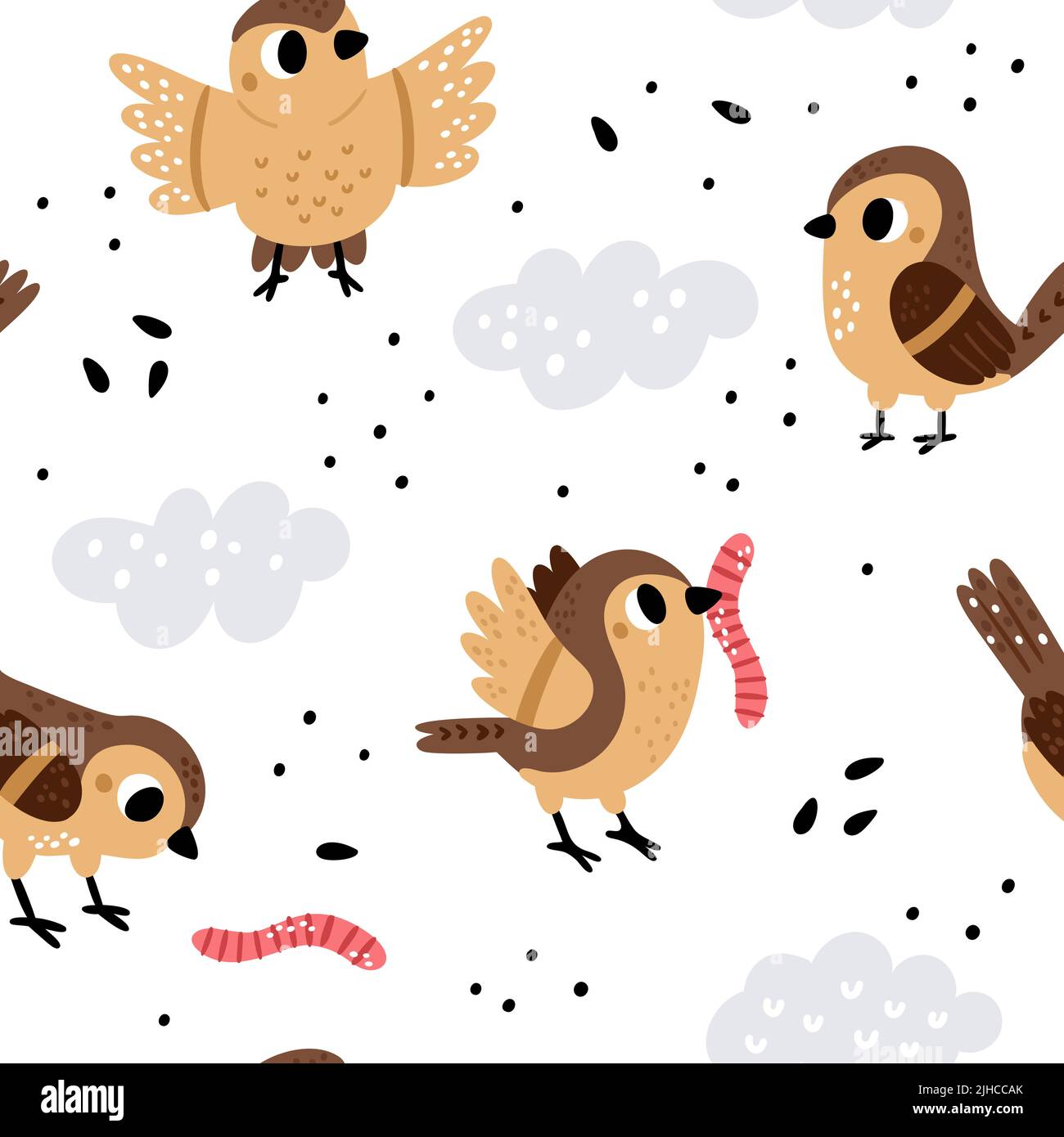 Cute sparrows seamless pattern. Cartoon print with brown birds. Flying animals pecking seeds and caterpillars. City fauna. Urban inhabitants. Avian Stock Vector