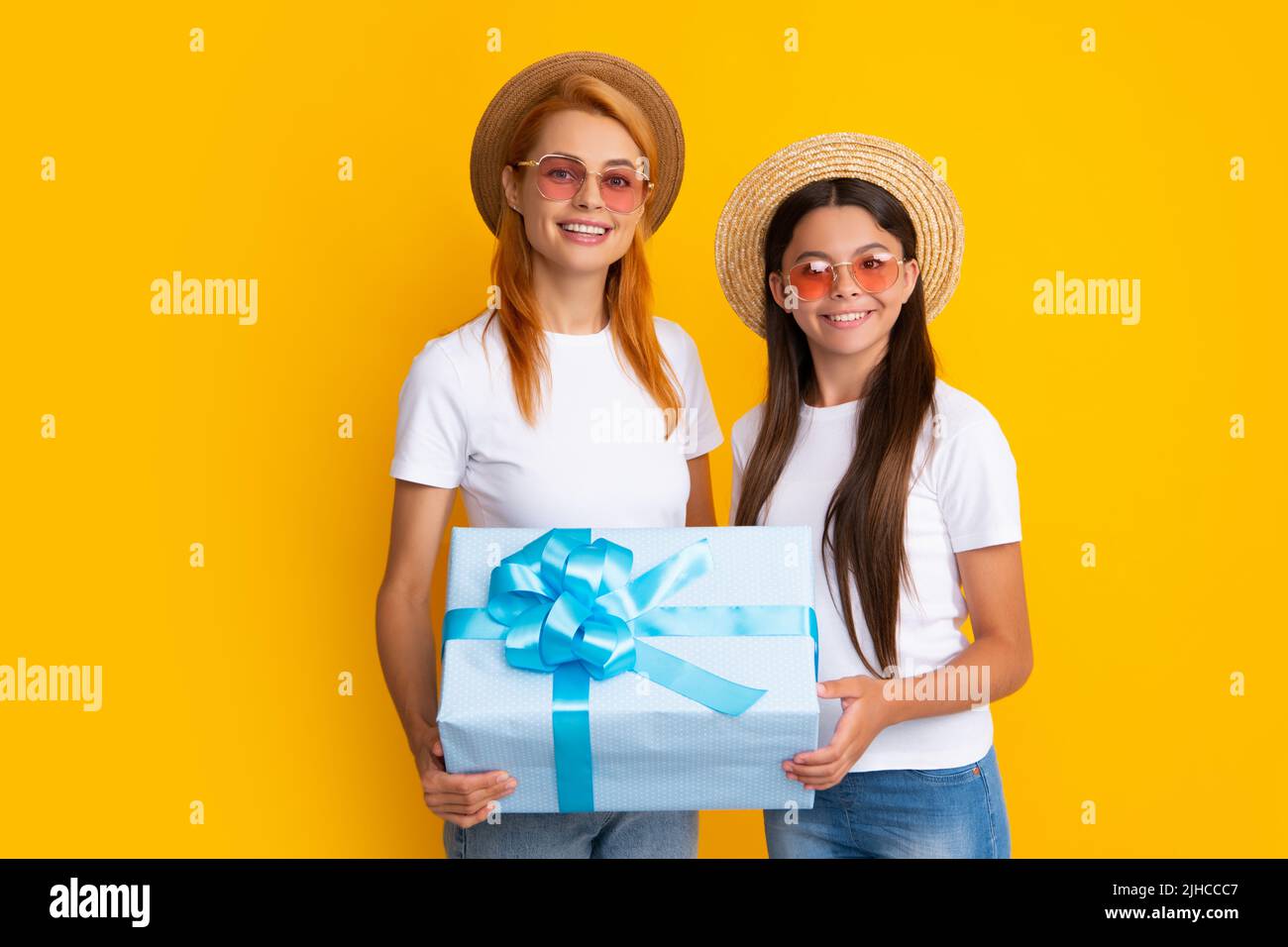 Mothers day celebration. Best mom. Child daughter give gift box to mother. Happy mothers day. Stock Photo