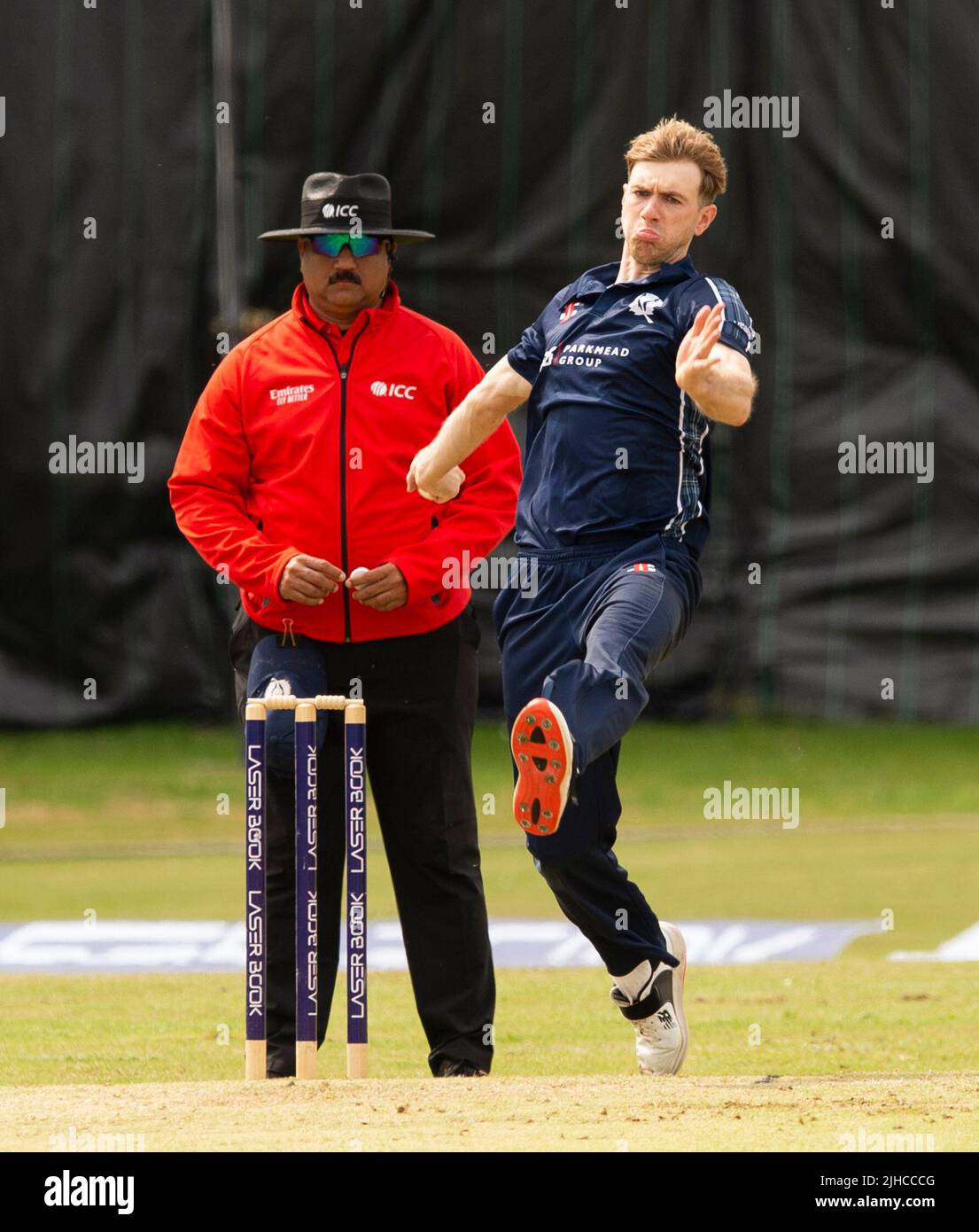 ICC Men's Cricket World Cup League 2 - Scotland v, Nepal. 17th July, 2022. Scotland take on Nepal for the second time in the ICC Div 2 Men's Cricket World Cup League 2 at Titwood, Glasgow. Pic shows: Scotland's Gavin Main bowls, Credit: Ian Jacobs/Alamy Live News Stock Photo
