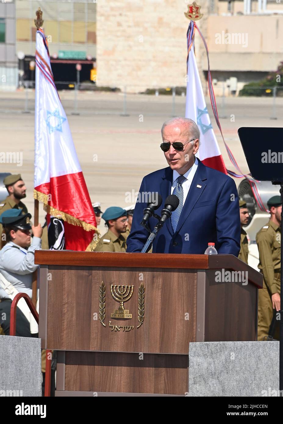 Tel Aviv, Israel. 13 July, 2022. U.S President Joe Biden, delivers remarks during arrival ceremonies at Ben Gurion Airport, July 13, 2022 in Tel Aviv, Israel. Stock Photo