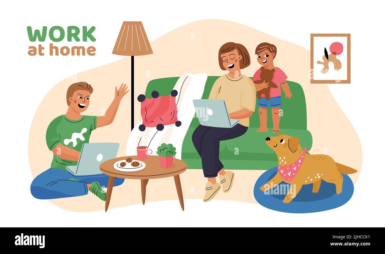 Freelancer characters works at home office. Happy couple with child. Freelance job in comfortable cozy conditions. Self employed people. Man and woman Stock Vector