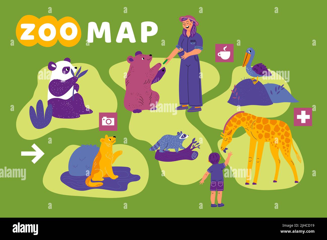 Zoo park map. Layout of animal enclosures. Visitor and employee. Wildlife observation. Raccoon and panda. Kid feeding giraffe. Exotic pelican or lion Stock Vector