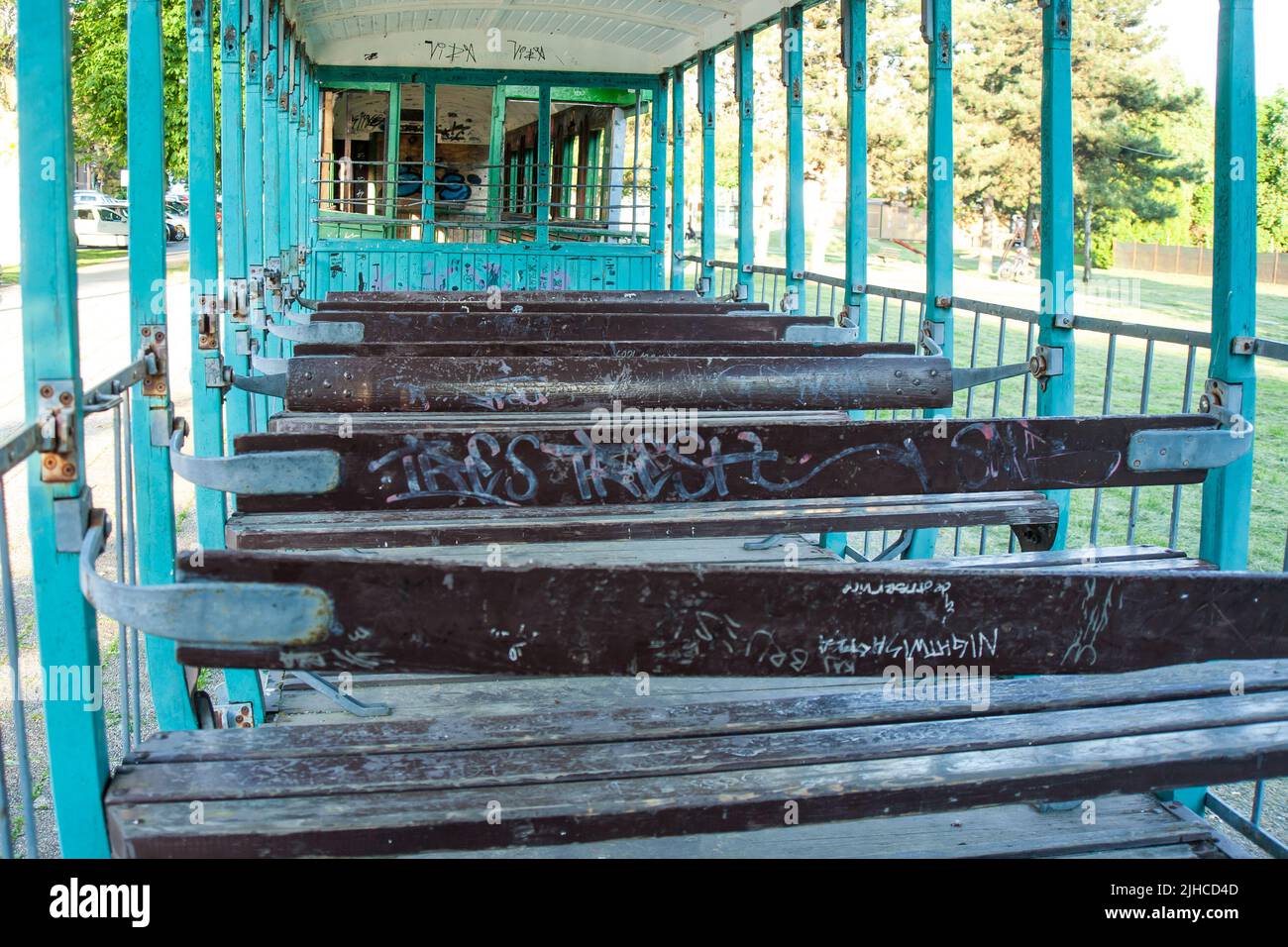 Inside old abandoned rusty wrecked tram Stock Photo