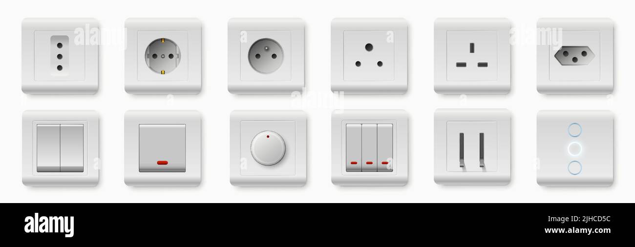 Realistic socket and switch. Interior wall outlets or electric