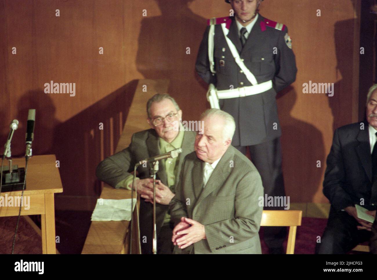 Bucharest, Romania, January 1990. The trial of the four high-ranking officials in Nicolae Ceausescu's regime who contributed to the many deaths in the Romanian revolution of December 1989. The four were accused of genocide and sentenced to life in prison, but eventually served only a few years. Stock Photo