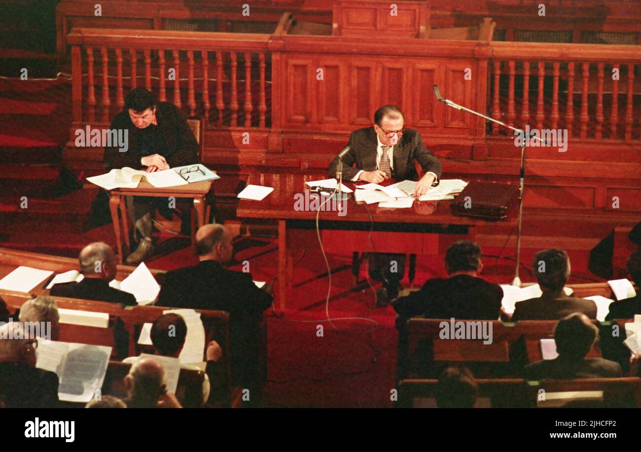 Bucharest, Romania, 1990. The provisional president of Romania right after the Romanian Revolution of 1989, Ion Iliescu, leading the sessions of the Parliament. Stock Photo