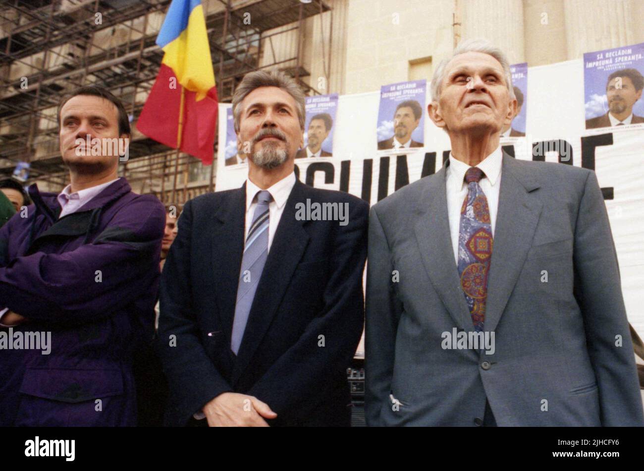 Bucharest, Romania, 1992. Presidents of Convenția Democrată Political Party, Emil Constantinescu (center) & Corneliu Coposu (right). Stock Photo