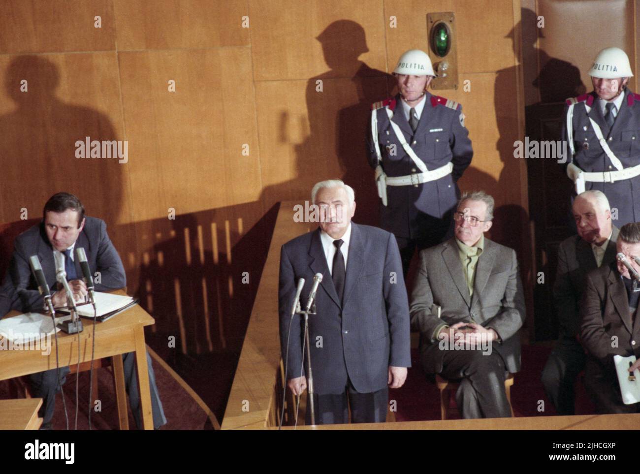 Bucharest, Romania, January 1990. The trial of the four high-ranking officials in Nicolae Ceausescu's regime who contributed to the many deaths in the Romanian revolution of December 1989. The four were accused of genocide and sentenced to life in prison, but eventually served only a few years. Stock Photo