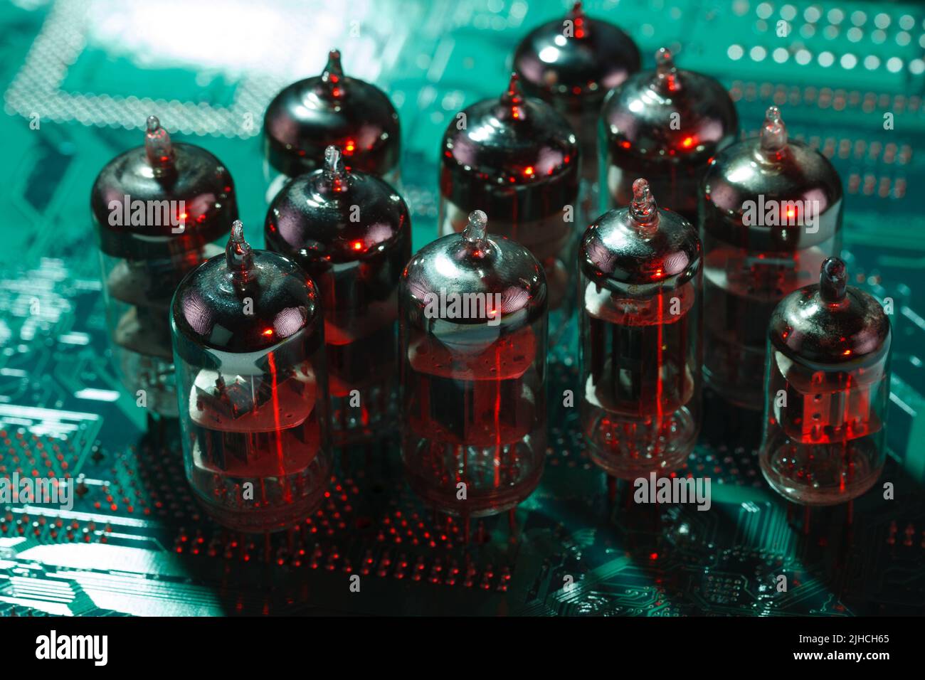 Electronic vacuum tube on circuit board Stock Photo