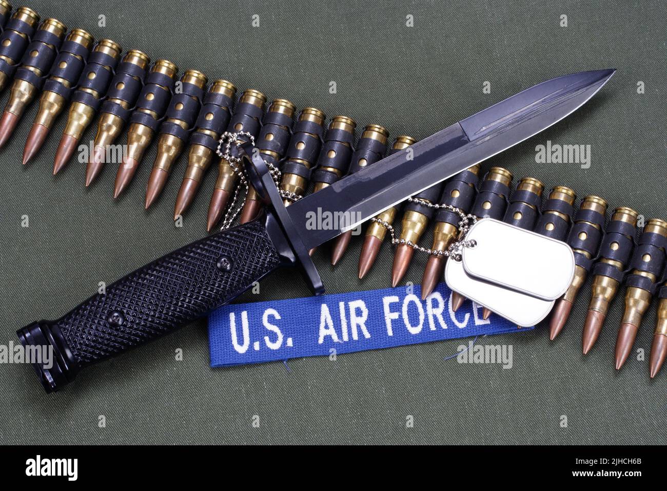 US AIR FORCE uniform with bayonet, dog tags and ammunition belt Stock Photo