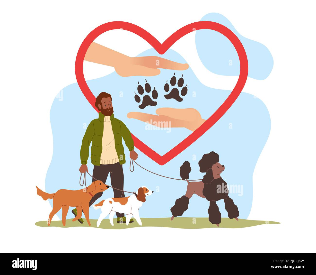 Protection dogs, animals care, love for pets and homeless. Happy man