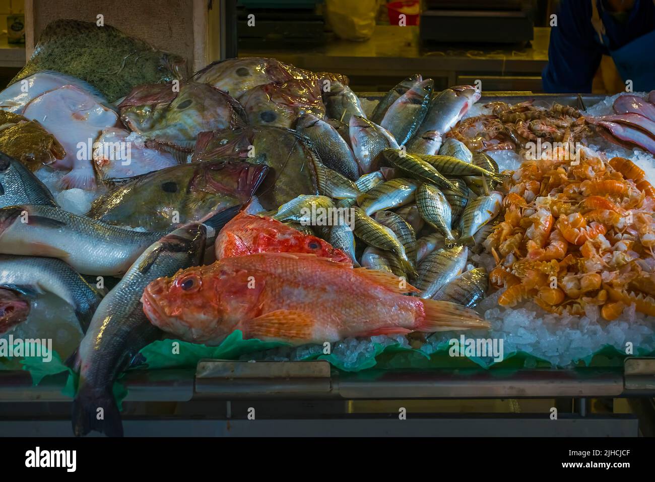 Fish and Seafood display on the famous Rialto Market (Mercato Rialto) in Venice, Italy Stock Photo