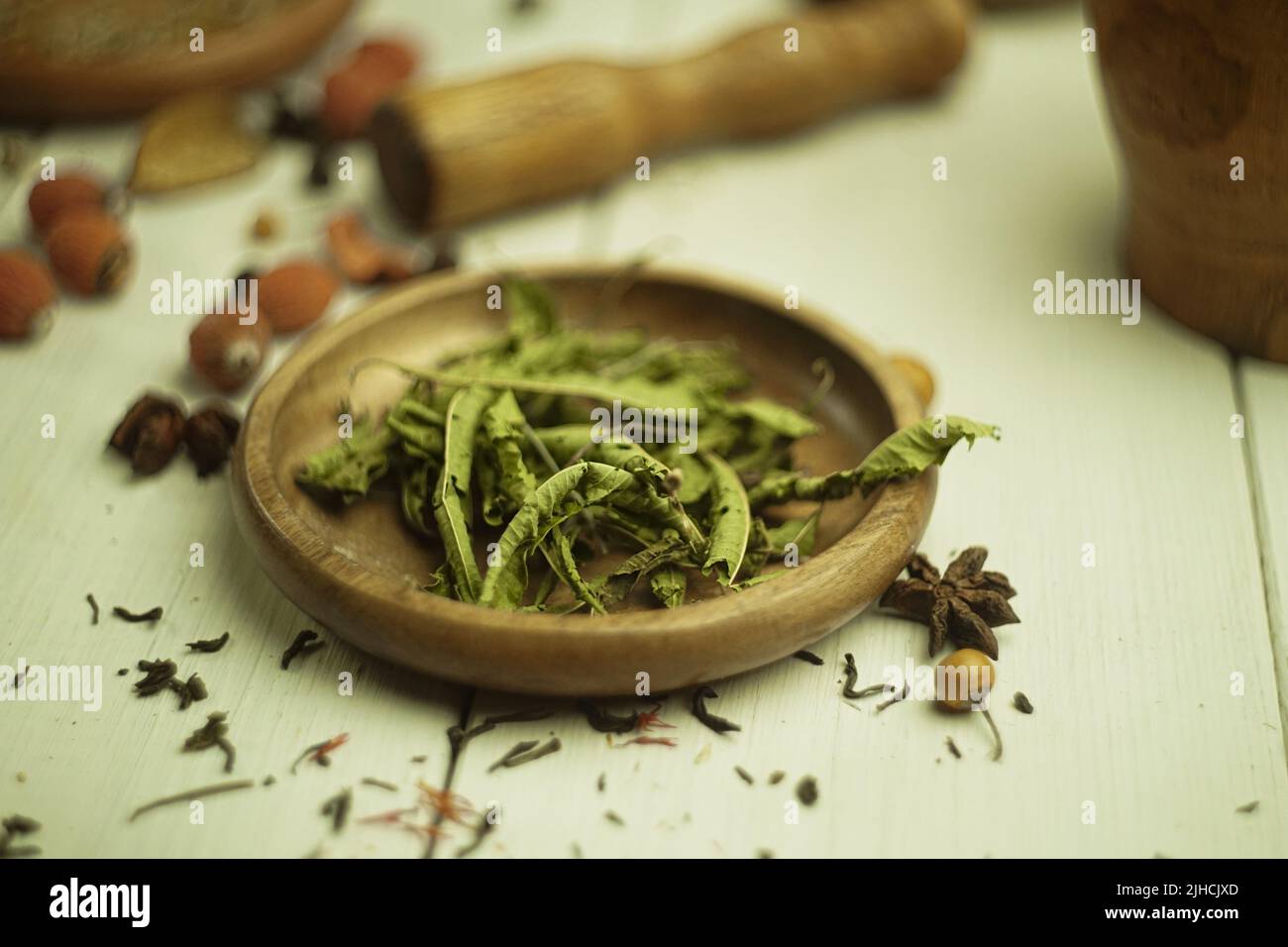 Chamomile Herbal Tea Health Tea Ingredients Clove Saffron Verbena Louise Ginger Rustic Lemon and Sage Stock Photo