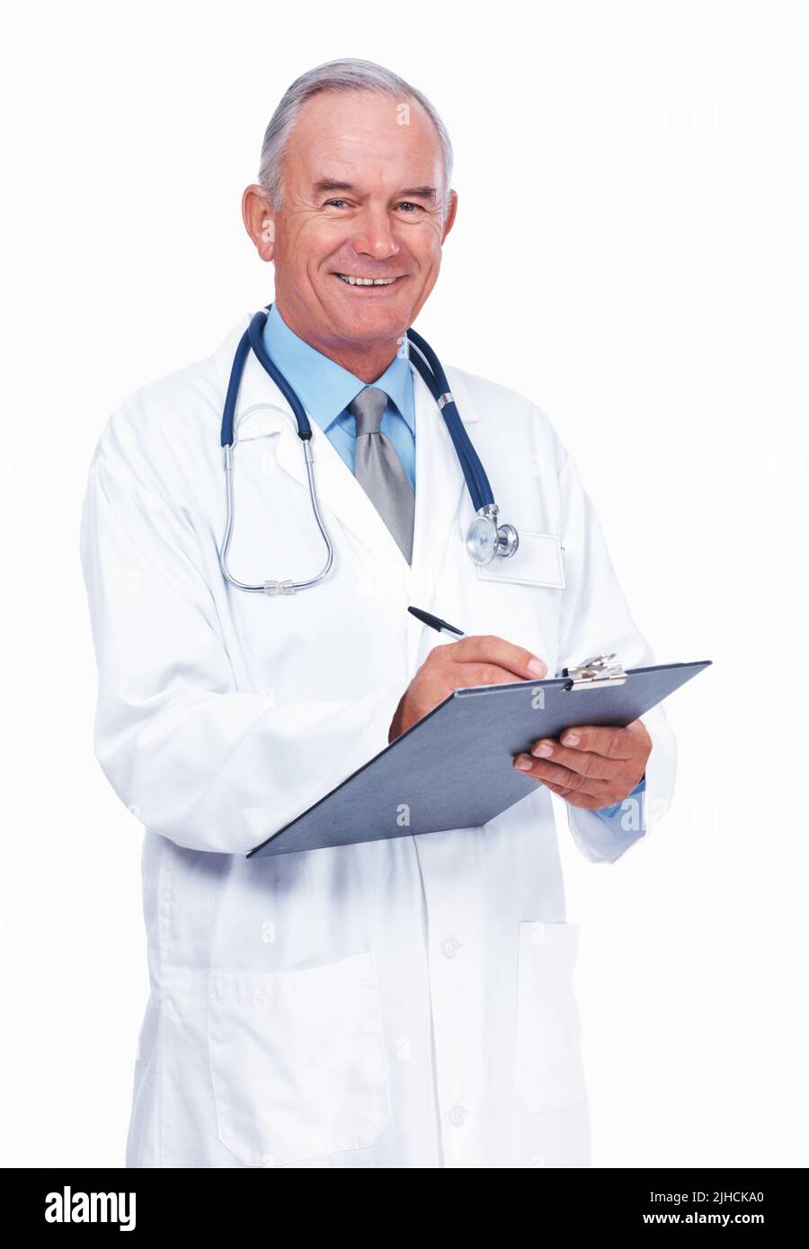 Confident mature doctor with clipboard. Portrait of smiling mature ...
