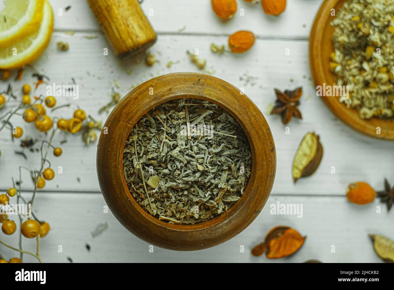 Chamomile Herbal Tea Health Tea Ingredients Clove Saffron Verbena Louise Ginger Rustic Lemon and Sage Stock Photo