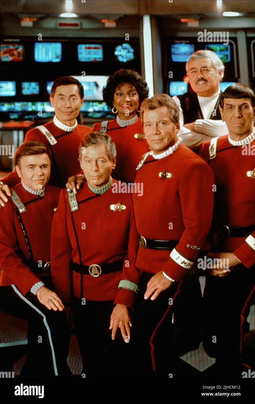 Walter Koenig, George Takei, Deforest Kelley, Nichelle Nichols, William Shatner, James Doohan & Leonard Nimoy Film: Star Trek Ii: The Wrath Of Khan (USA 1982) Characters: Pavel Chekov, Hikaru Sulu, Dr. McCoy, Cmdr. Uhura, Admiral James T. Kirk, Scotty, Captain Spock  Director: Nicholas Meyer 04 June 1982   **WARNING** This Photograph is for editorial use only and is the copyright of PARAMOUNT PICTURES and/or the Photographer assigned by the Film or Production Company and can only be reproduced by publications in conjunction with the promotion of the above Film. A Mandatory Credit To PARAMOUNT Stock Photo