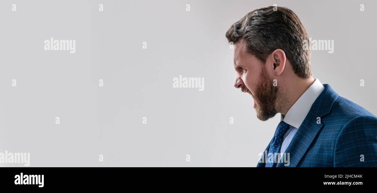 Profile portrait of angry professional man shouting grey background copy space, screaming. Man face portrait, banner with copy space. Business man in Stock Photo