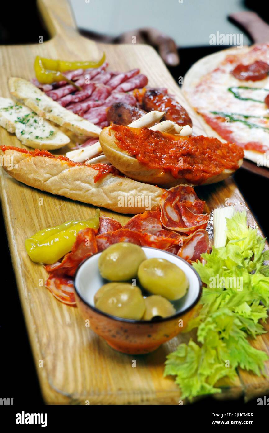 spanish cold cut platter with pork chorizo, salami, ham etc Stock Photo