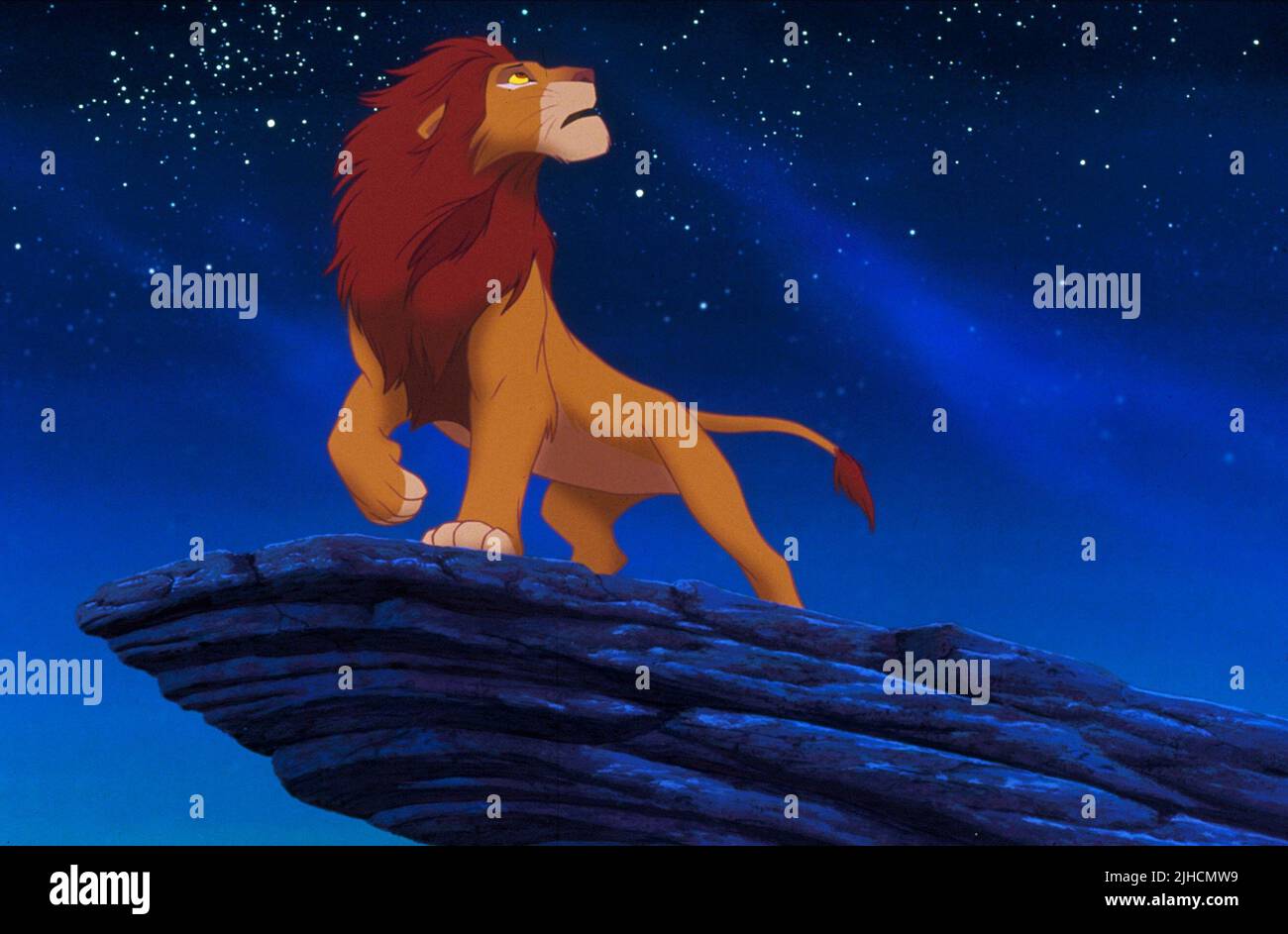 SIMBA ON PRIDE ROCK, THE LION KING, 1994 Stock Photo