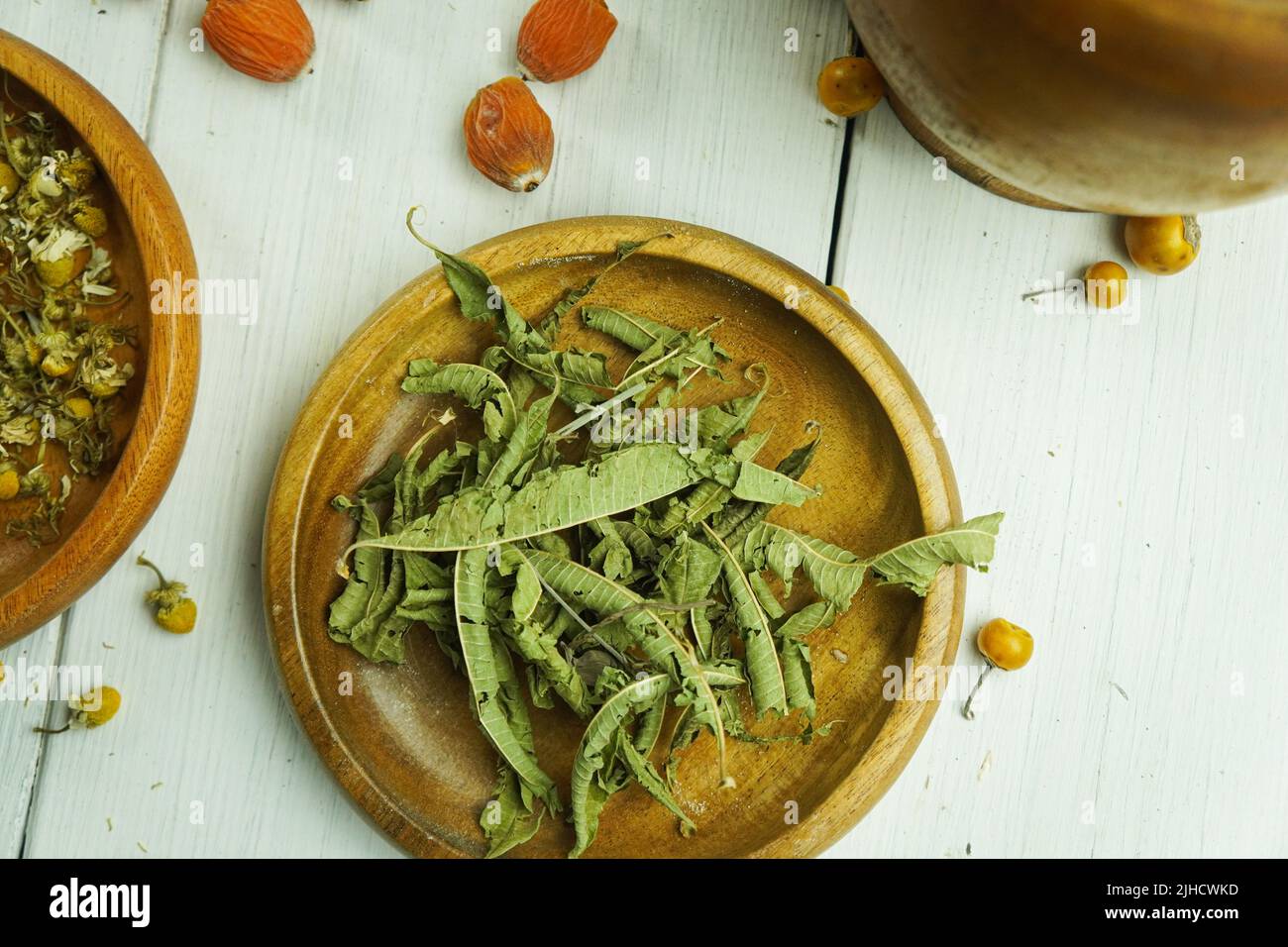 Chamomile Herbal Tea Health Tea Ingredients Clove Saffron Verbena Louise Ginger Rustic Lemon and Sage Stock Photo