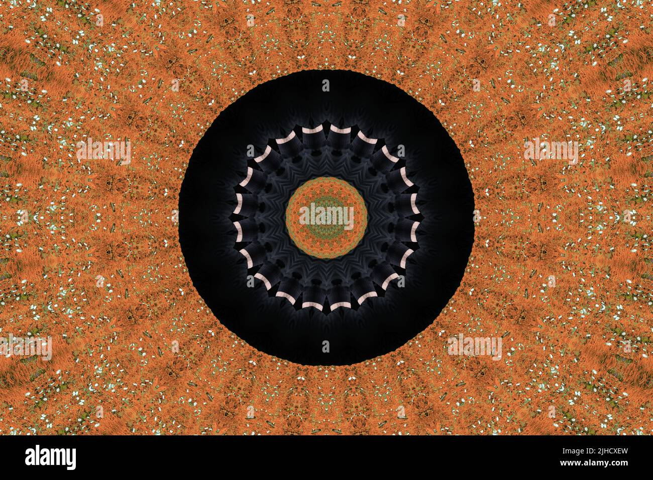 Orange patterned texture with a black vinyl record in the center; oscillating texturized psychedelic illusion of kaleidoscopic circularity. Stock Photo