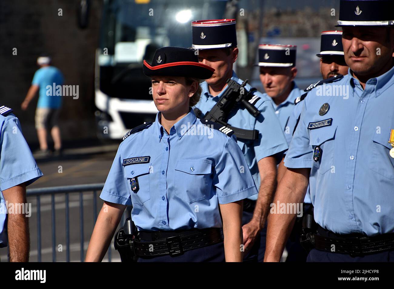 Members of French Customs parade march through the Old Port of