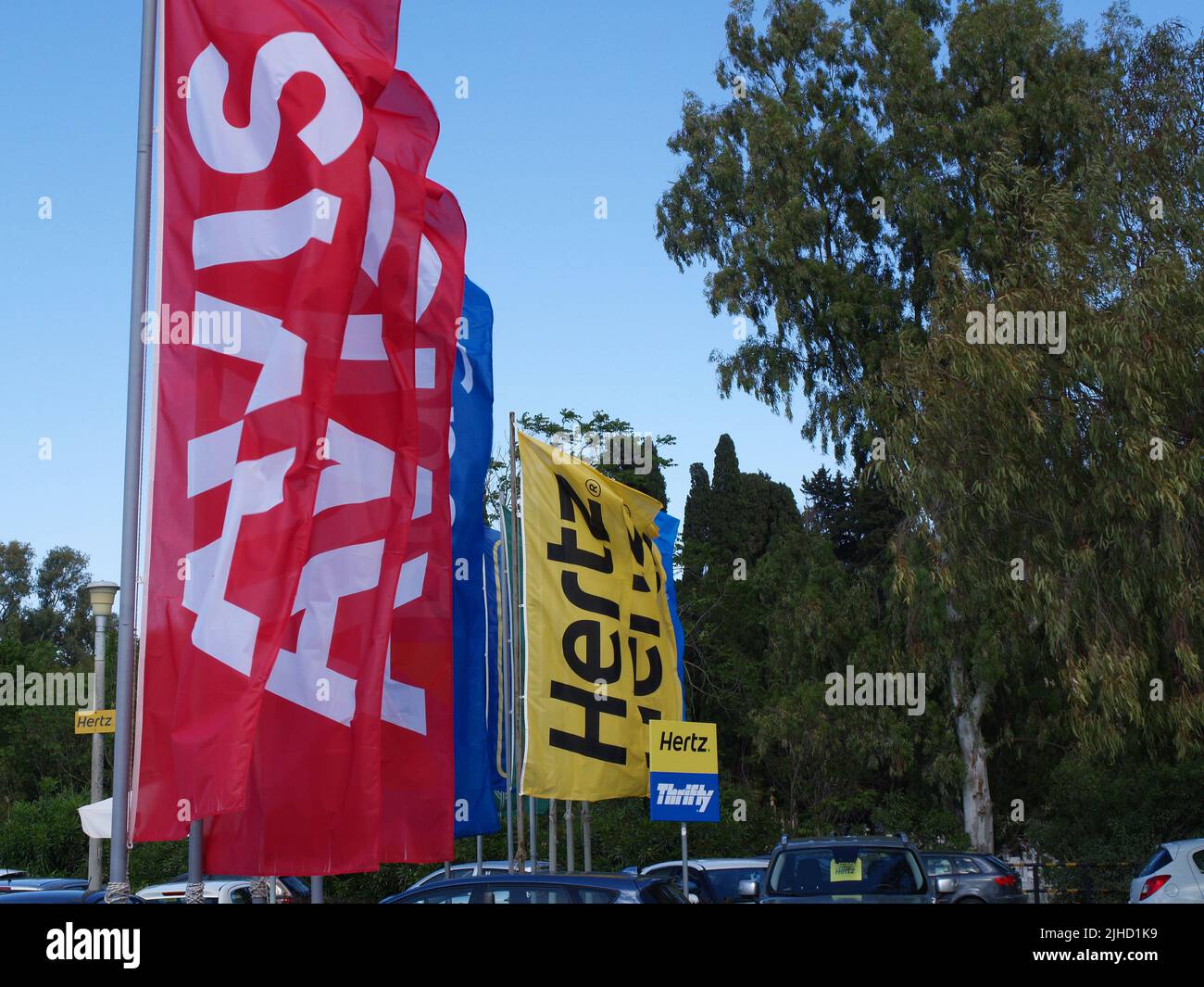 Car hire flags at Ioannis Kapodistris Airport, Corfu, Greece Stock Photo