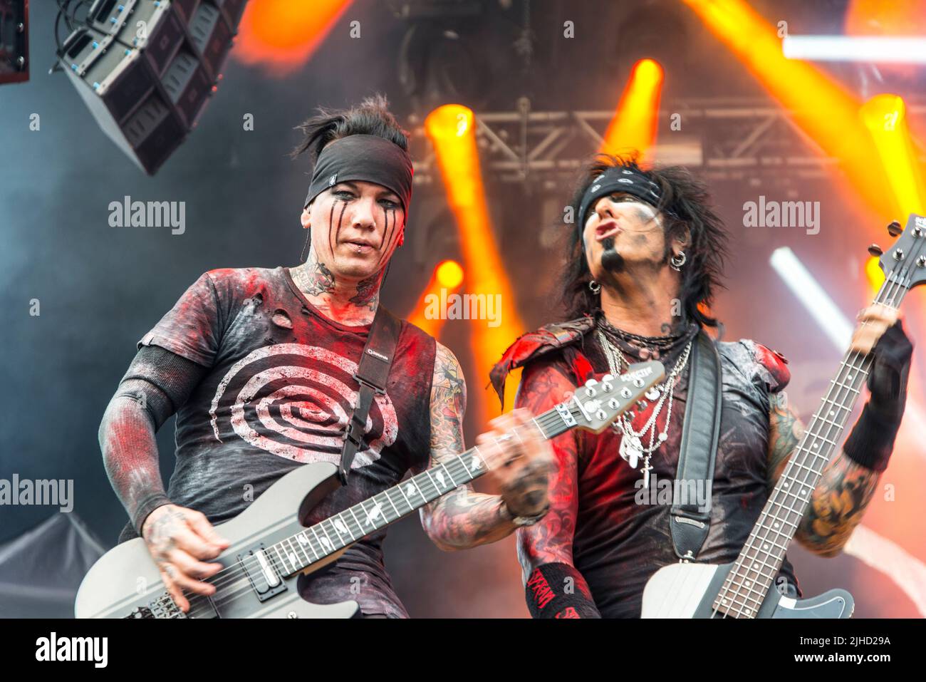 DJ Ashba and Nikki Sixx during gig with the rock band Sixx: A.M. Dj is the initial for Daren Jay  Dj Ashba has earlier played with Guns N Roses and Ni Stock Photo