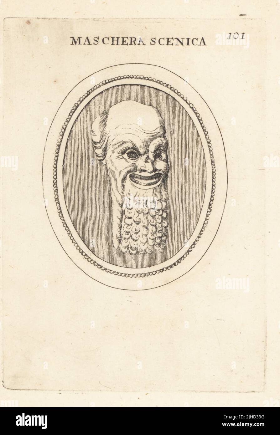 Theatrical mask of a Silenus (woodland god) with an Egyptian curled beard. Maschera Scenica. Copperplate engraving by Giovanni Battista Galestruzzi after Leonardo Agostini from Gemmae et Sculpturae Antiquae Depicti ab Leonardo Augustino Senesi, Abraham Blooteling, Amsterdam, 1685. Stock Photo