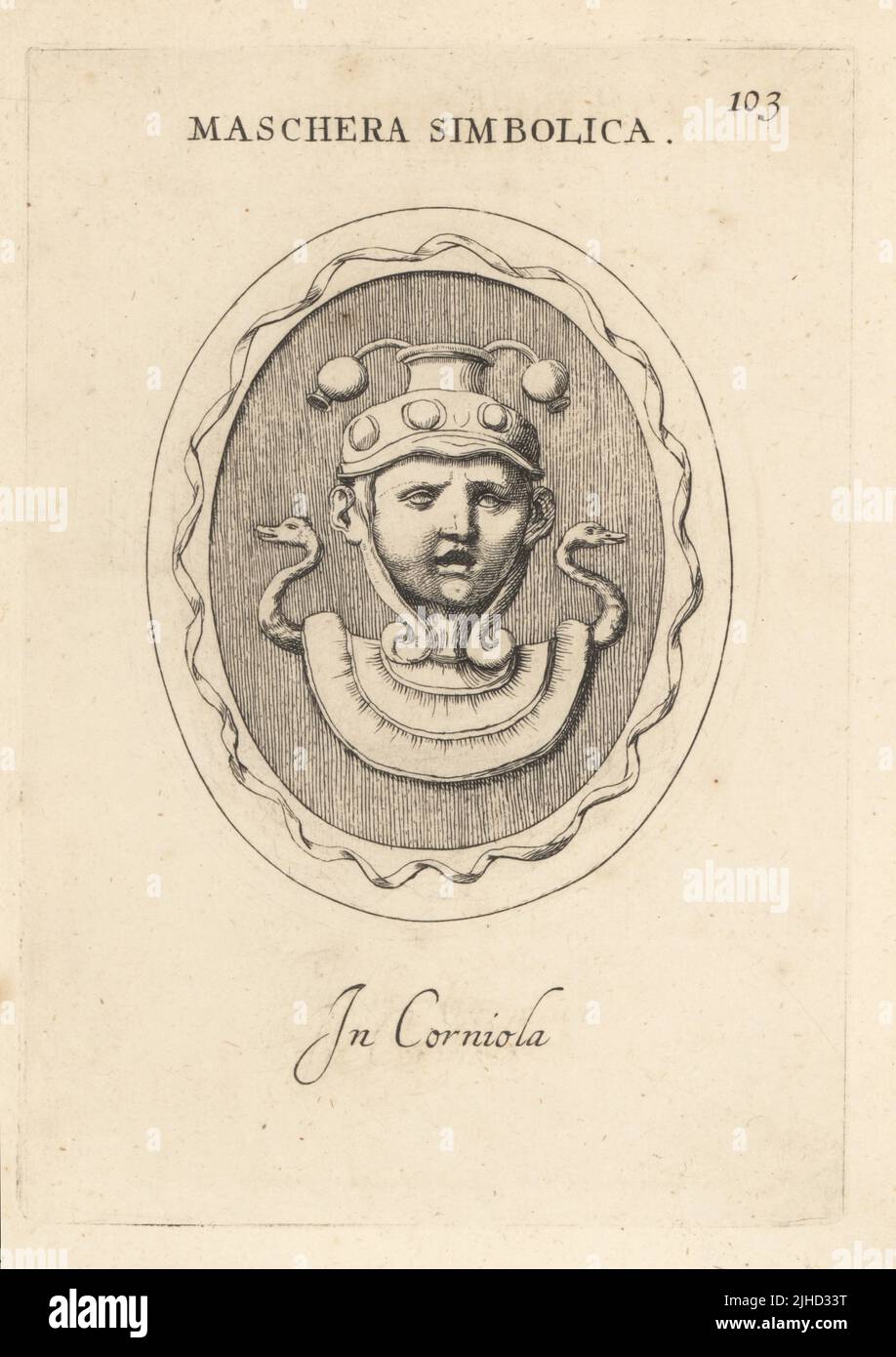 Mask symbolizing sleep. With pileus or hat with drooping opium poppies, and two swans (signifying death) on the shoulders. In carnelian. Maschera simbolica. In corniola. Copperplate engraving by Giovanni Battista Galestruzzi after Leonardo Agostini from Gemmae et Sculpturae Antiquae Depicti ab Leonardo Augustino Senesi, Abraham Blooteling, Amsterdam, 1685. Stock Photo