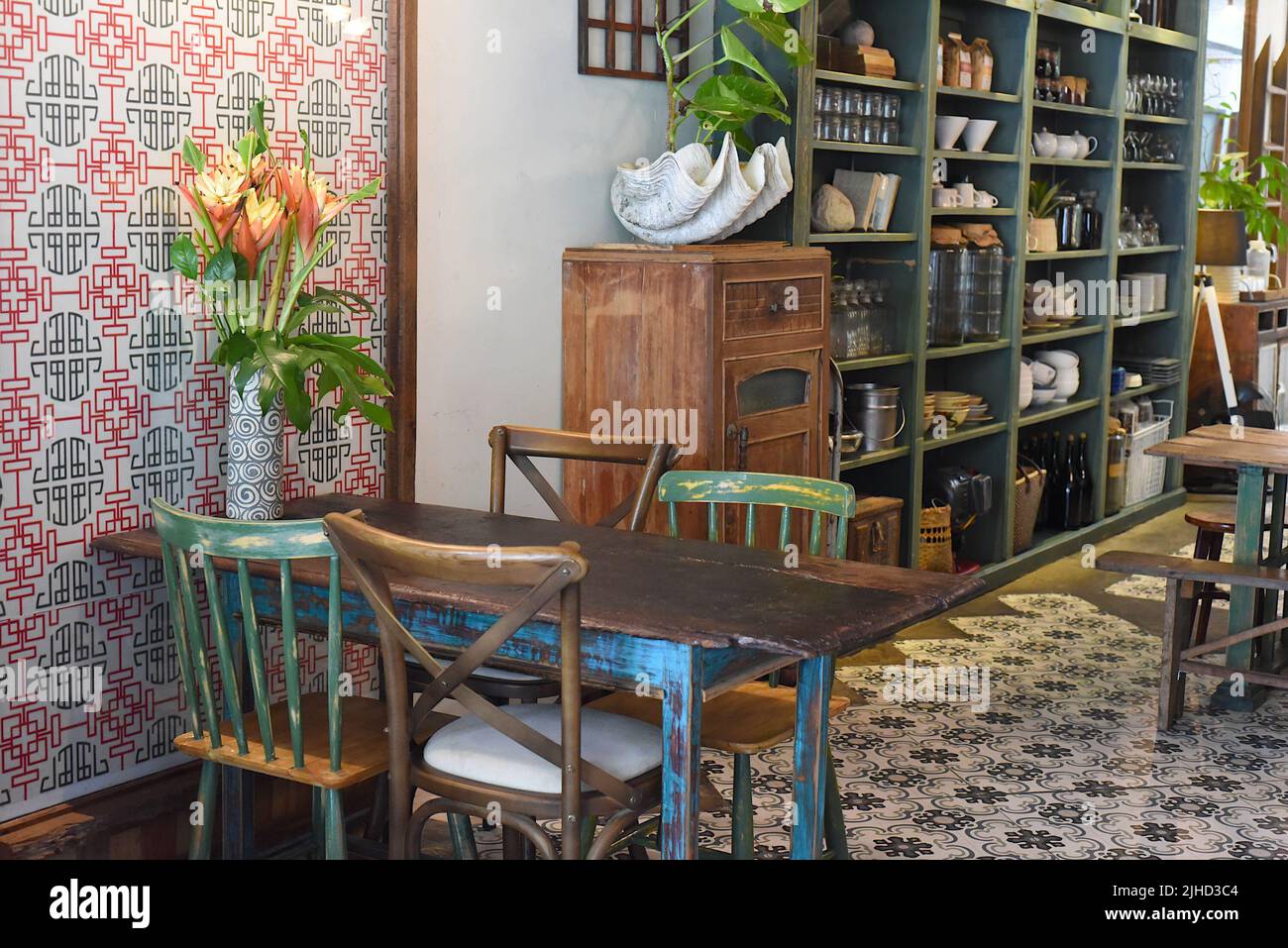 Loft style with wooden furniture in a Vietnamese coffee shop Stock Photo Alamy