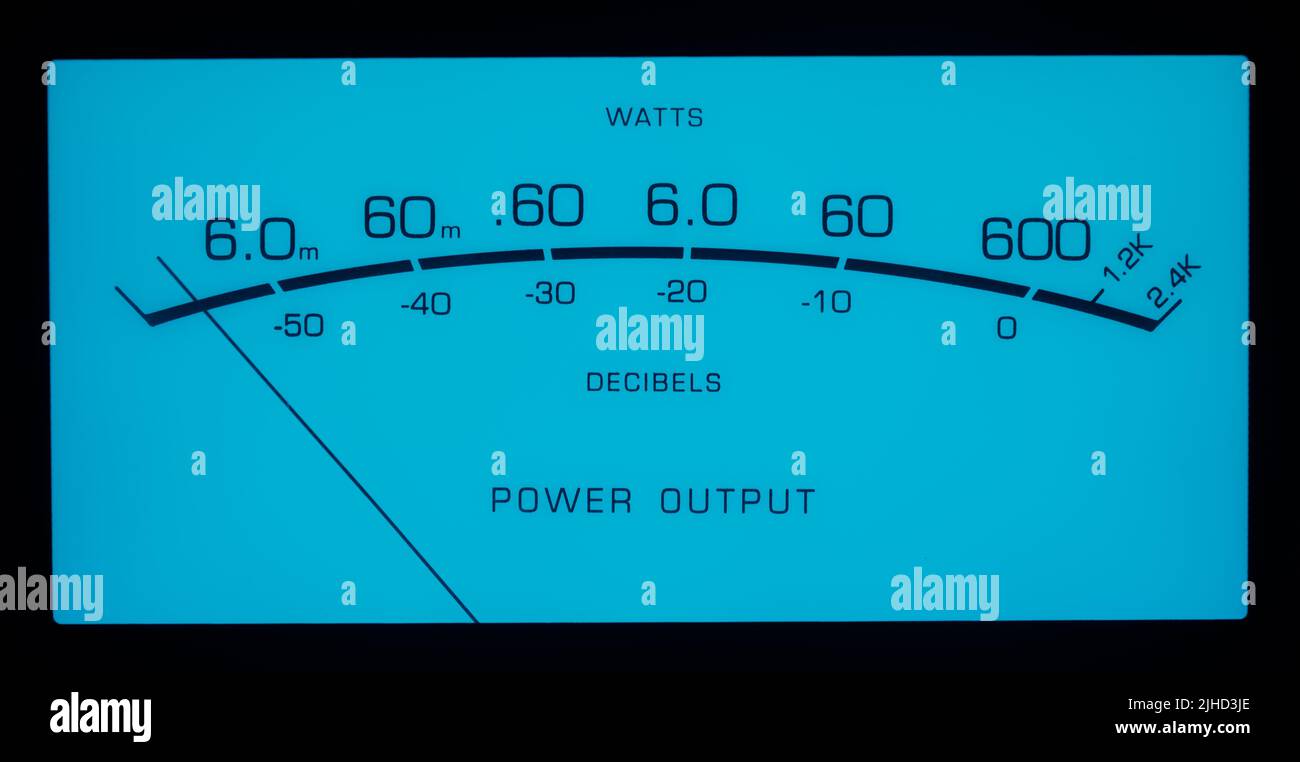Audio Amplifier Analog Power Meter Lit in Teal Color Stock Photo
